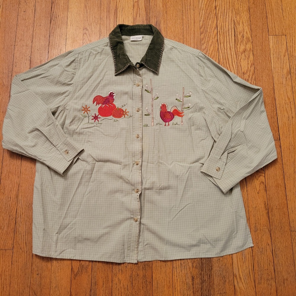 White Stag Plus Button Up Green Embroidered Pumpkin Chicken Shirt Country Farm